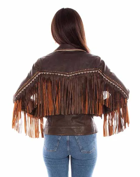 Scully Women's Chocolate Leather Fringe Jacket Odor Control Finish Water resistant coating