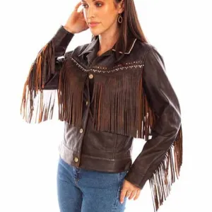 Ergonomic Shoulder Cut Scully Women's Chocolate Leather Fringe Jacket