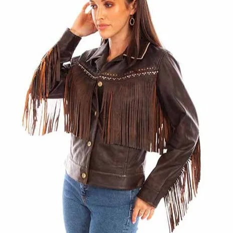Ergonomic Shoulder Cut Scully Women's Chocolate Leather Fringe Jacket