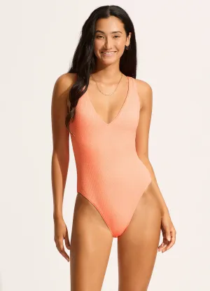 Roll Resistant Hem Sea Dive Deep V Neck One Piece - Peach Pink