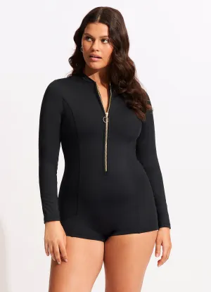 Seafolly Collective Boyleg Zip Front Surfsuit - Black Vacation Mode