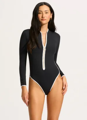Ruffled-Edges Flattering-Silhouette Seafolly Collective Long Sleeve Zip Front One Piece - Black