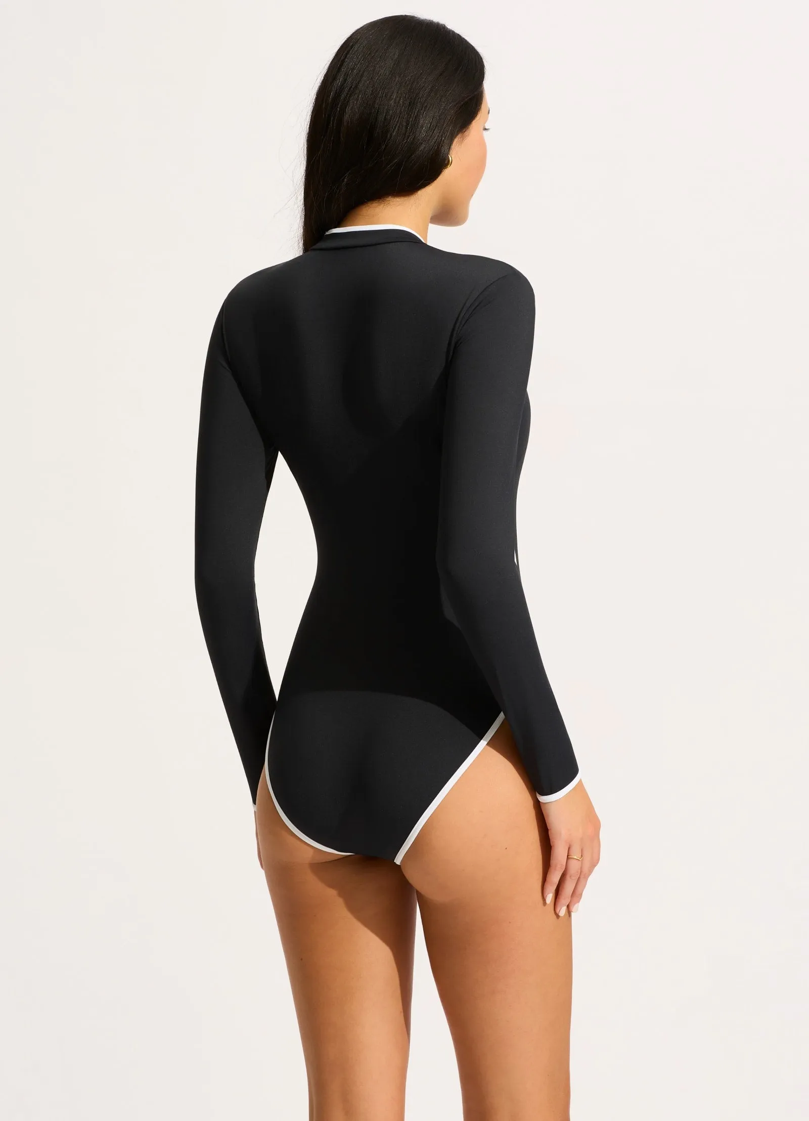 Anti microbial poolside fashion Seafolly Collective Long Sleeve Zip Front One Piece - Black