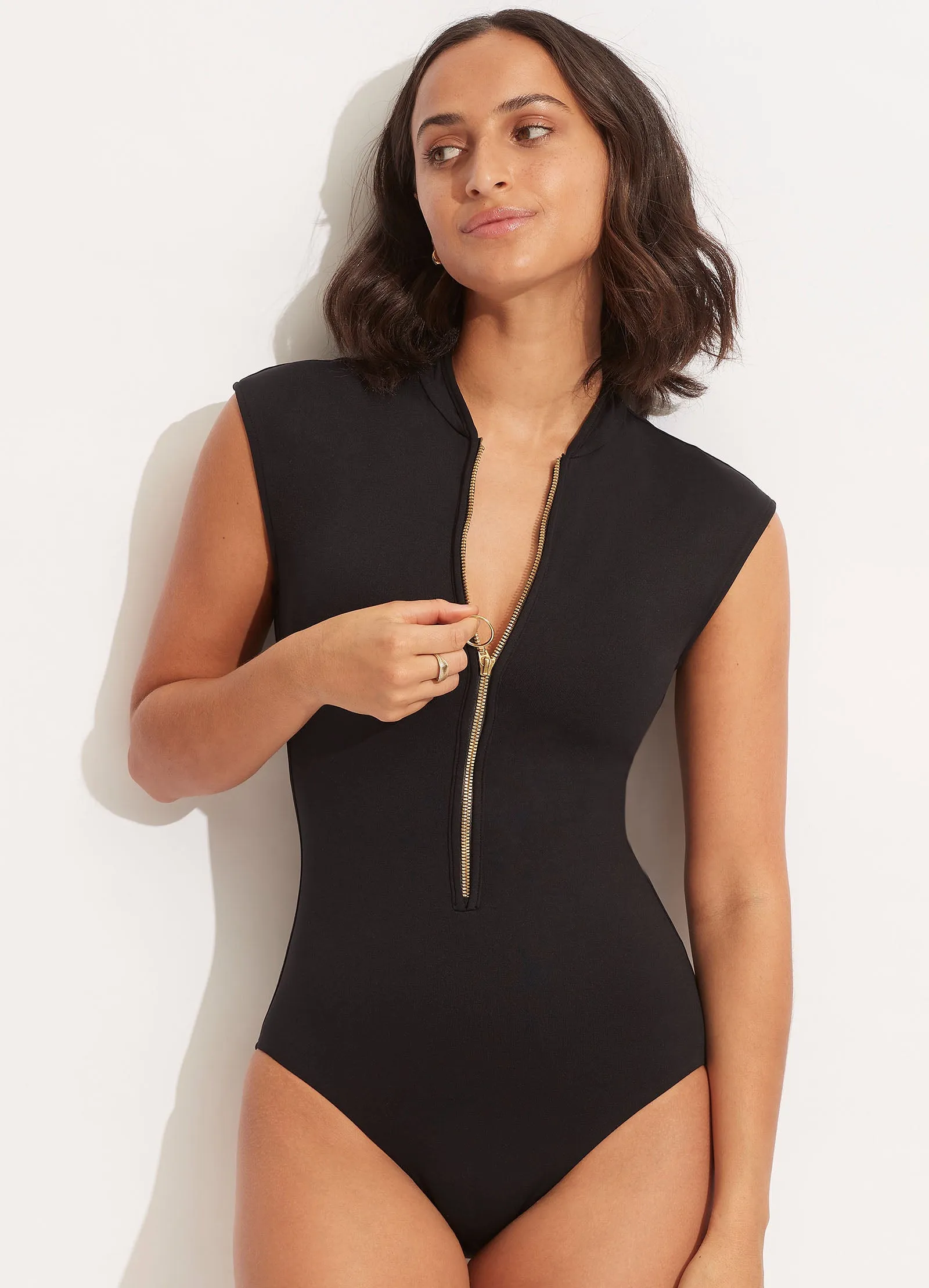 Coastal Lifestyle Inclusive Sizing Seafolly Collective Zip Front One Piece - Black