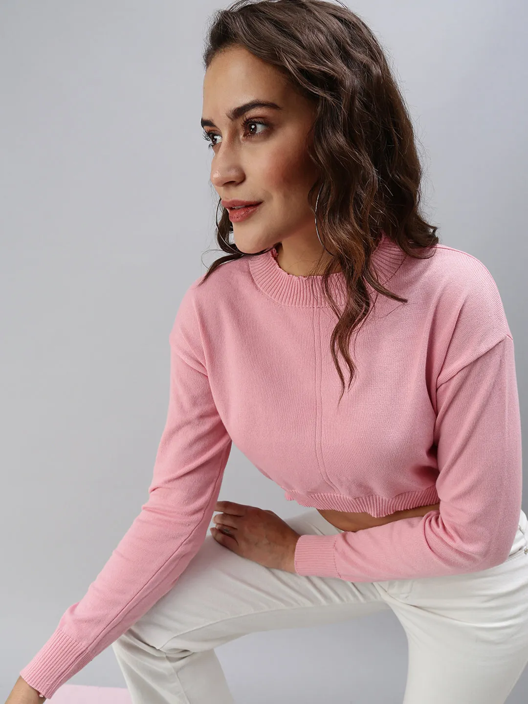 Essential Piece Women's Pink Shirt Style High Neck Crop Top