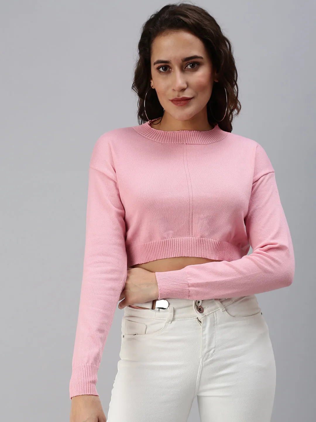 Women's Pink Shirt Style High Neck Crop Top Cozy Essentials Sporty Appeal