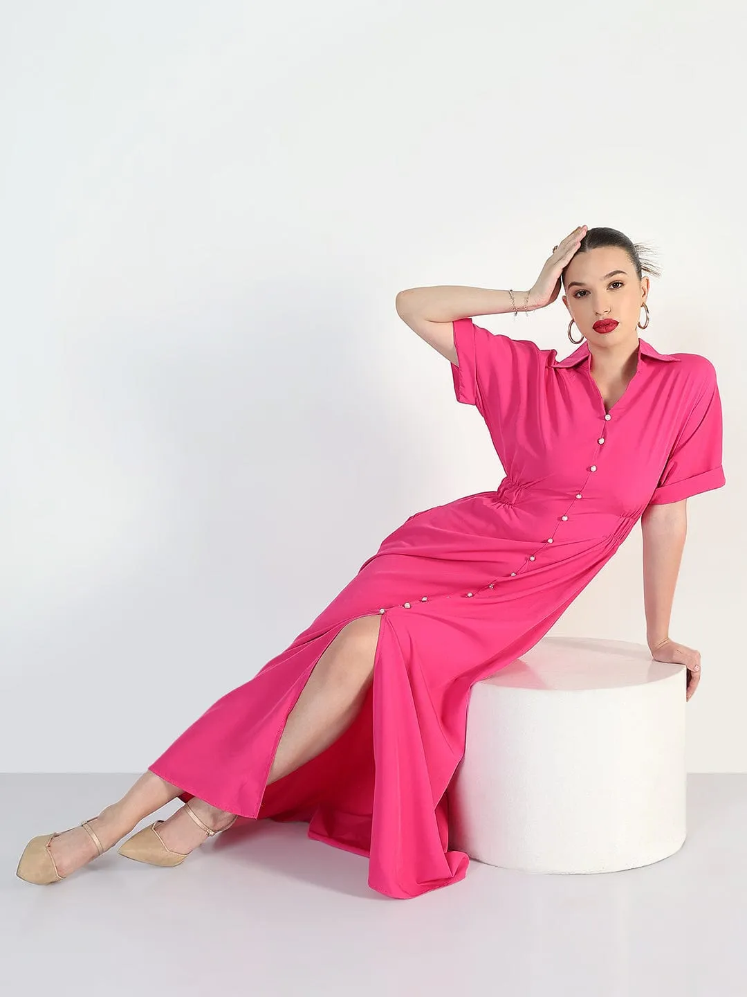 Functional-Design Women's Pink Shirt Style Maxi Dress