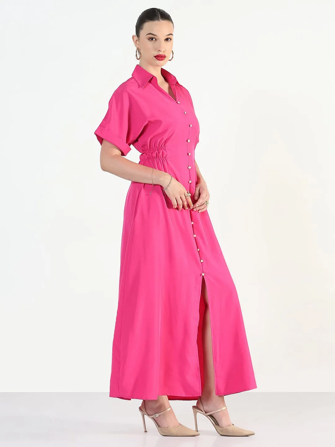 Silk-Blend Women's Pink Shirt Style Maxi Dress
