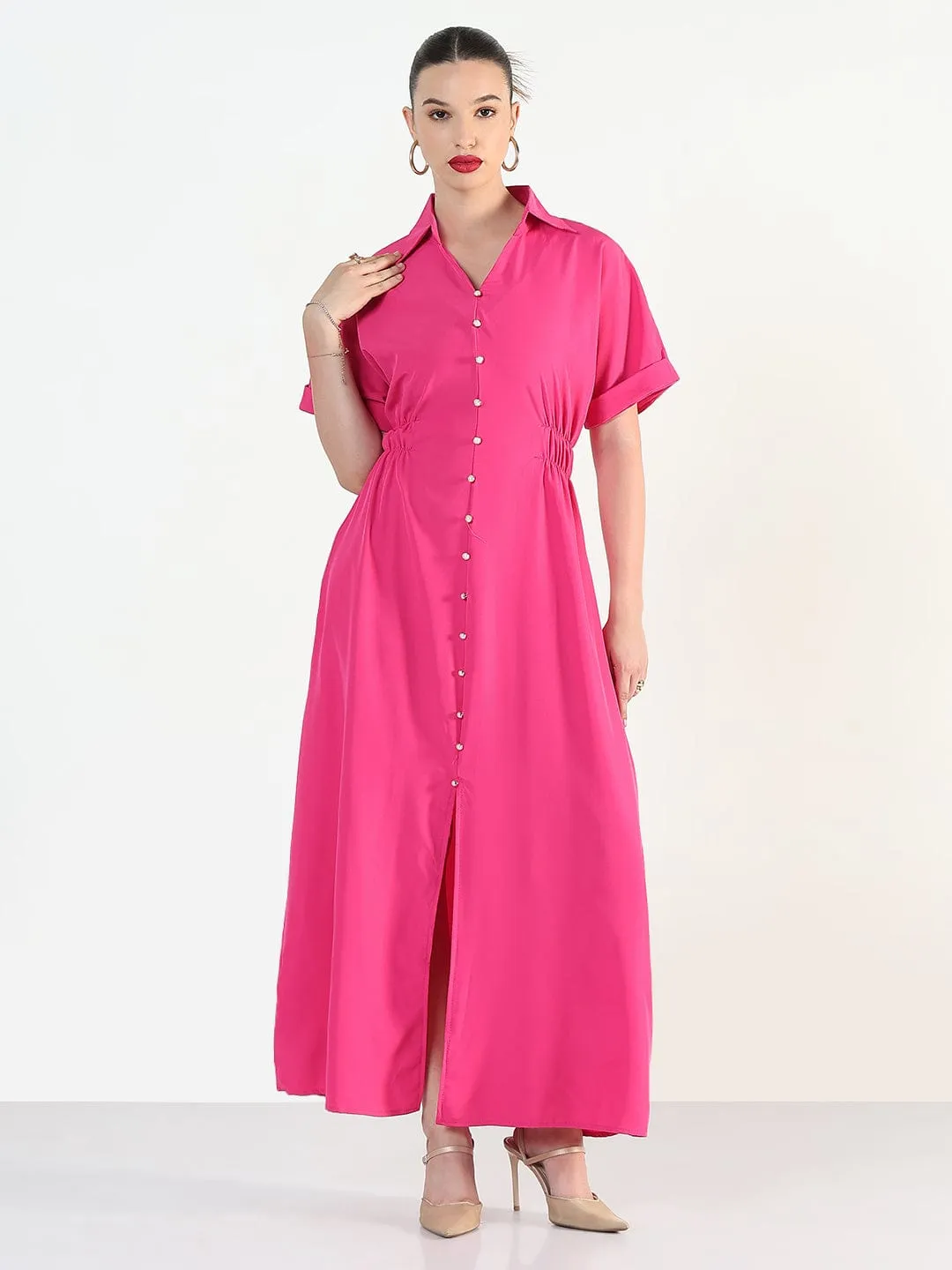 Stylish Line Women's Pink Shirt Style Maxi Dress