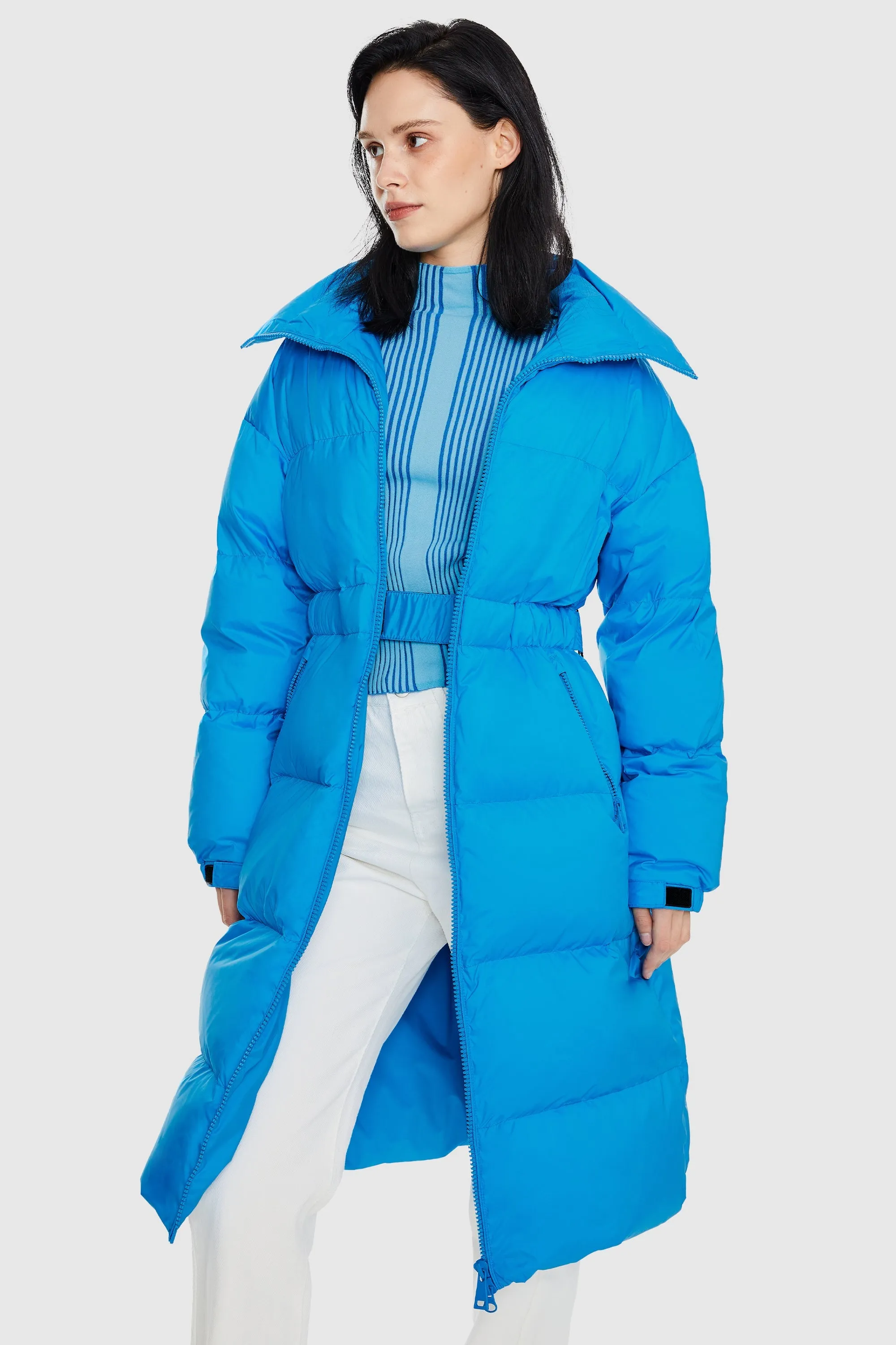 Long Down Puffer Jacket with Velcro Belt Comfort Fit Cold Day Look