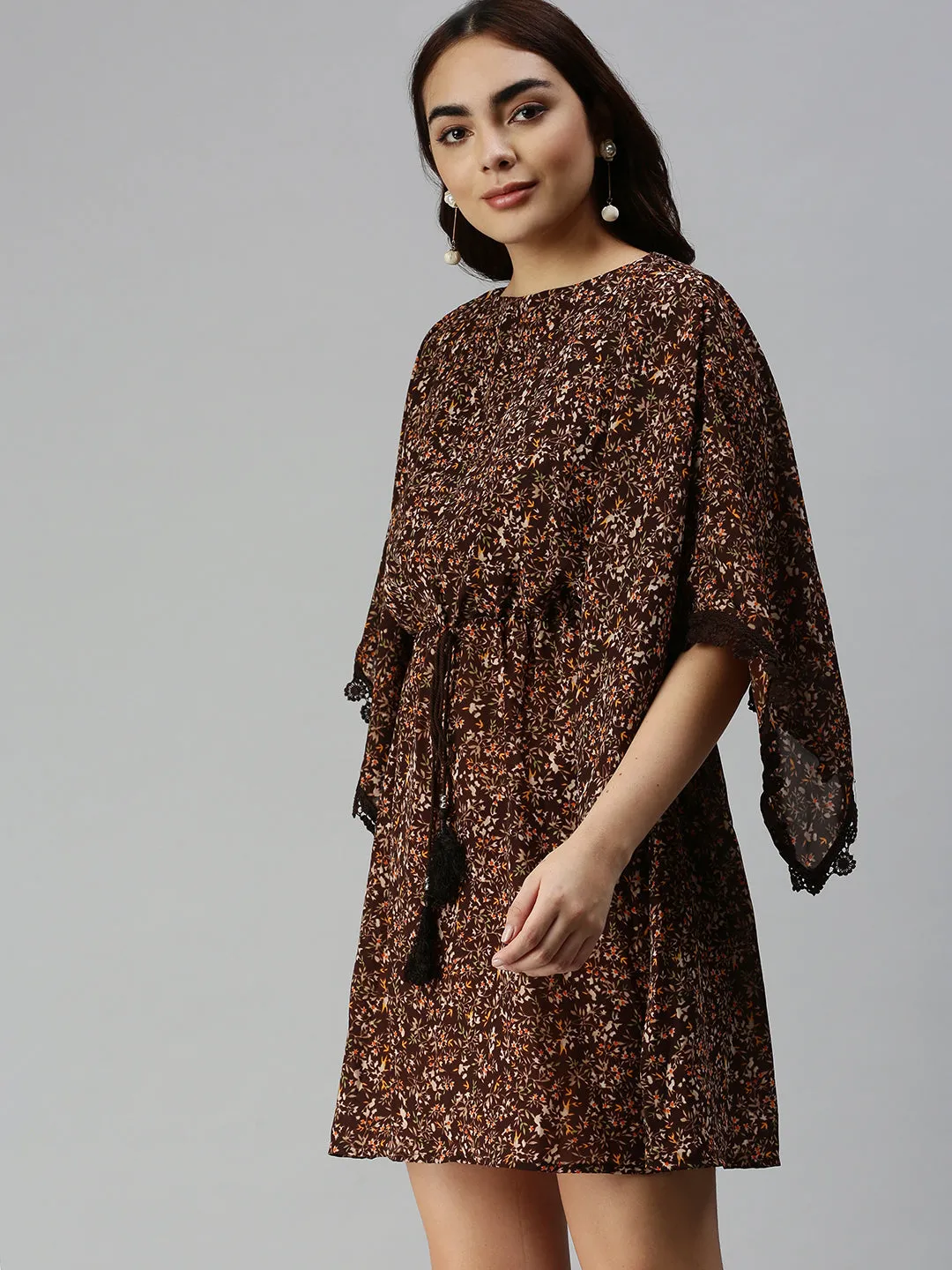 Women's Brown Animal Chiffon A-Line Midi Dress Gloss Accent