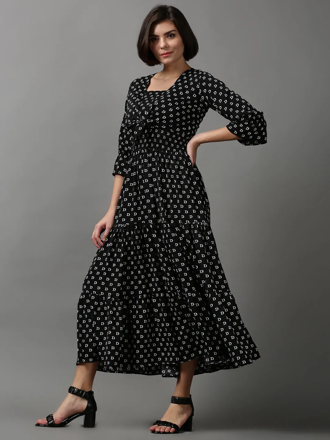 Women's Black Printed Crepe Midi Dress With Shrug Timeless Wear