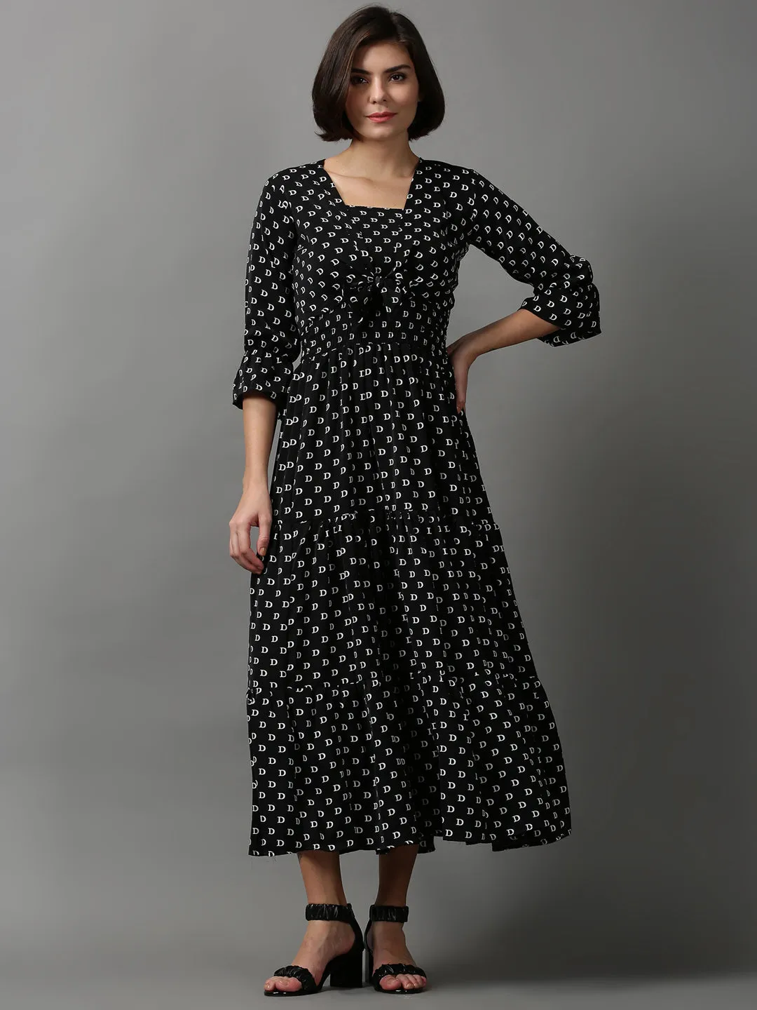 Women's Black Printed Crepe Midi Dress With Shrug Maternity-Fit Texture Softness