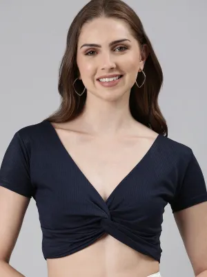 Sporty essentials Women's Navy Blue V-Neck Twisted Crop Fitted Top