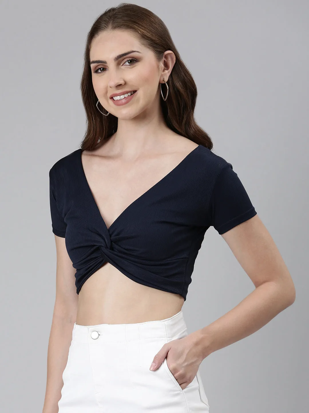 Women's Navy Blue V-Neck Twisted Crop Fitted Top Standard Body Fit coordinate with other items