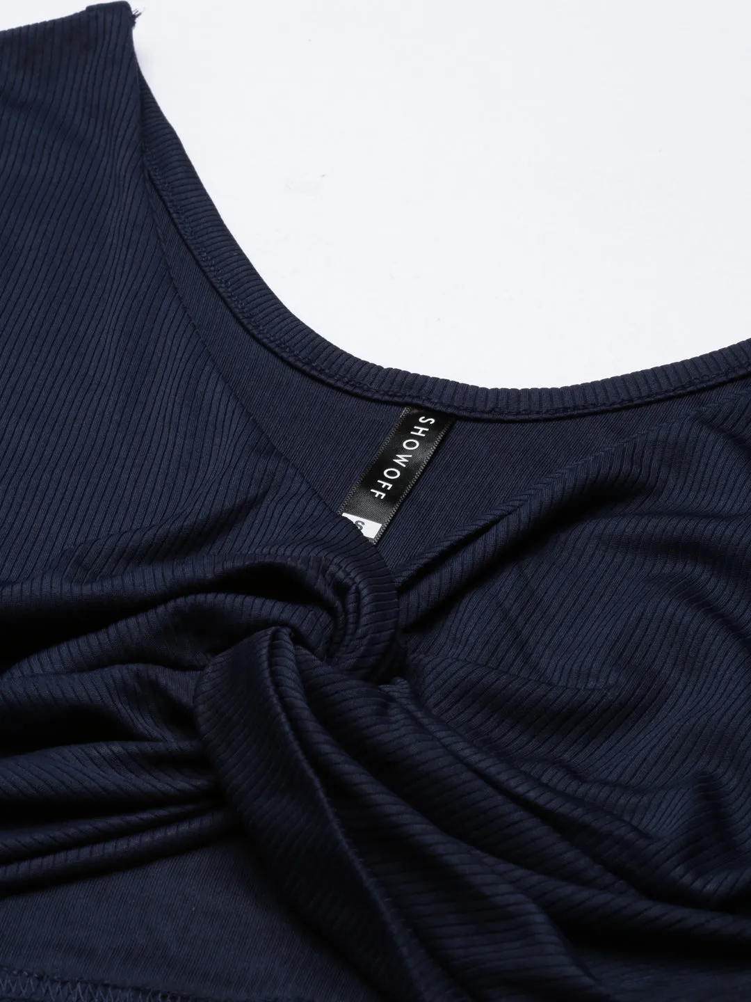 Elastic waist Unisex Women's Navy Blue V-Neck Twisted Crop Fitted Top