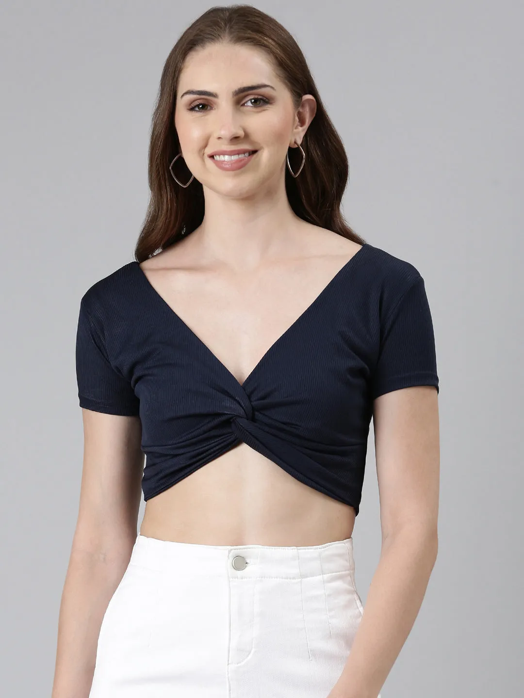 Women's Navy Blue V-Neck Twisted Crop Fitted Top simple design