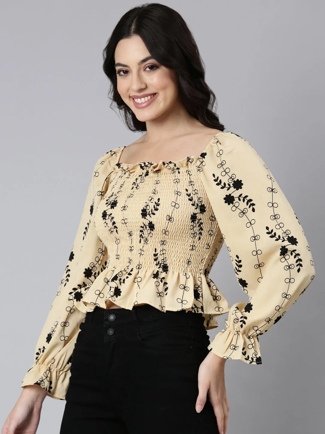 Women's Beige Floral Printed Smocking Puff Sleeve Crepe Fitted Crop Top Affordable accessibility