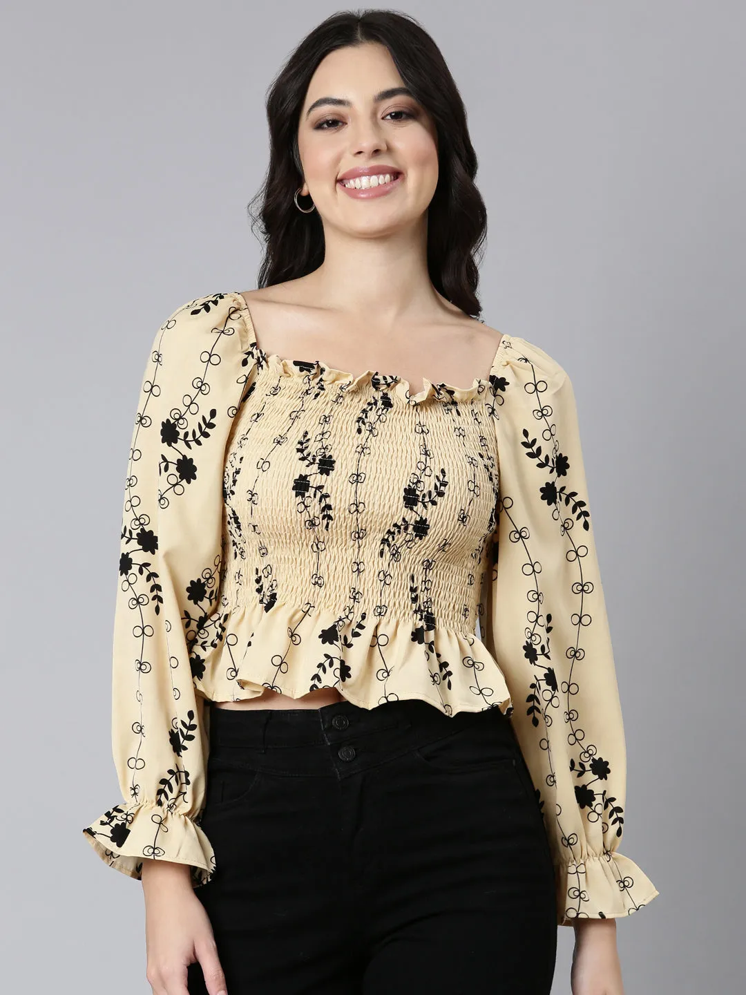 Relaxing Day Playful Vibes Women's Beige Floral Printed Smocking Puff Sleeve Crepe Fitted Crop Top
