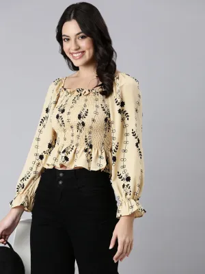 High-Quality Cotton Machine washable Women's Beige Floral Printed Smocking Puff Sleeve Crepe Fitted Crop Top