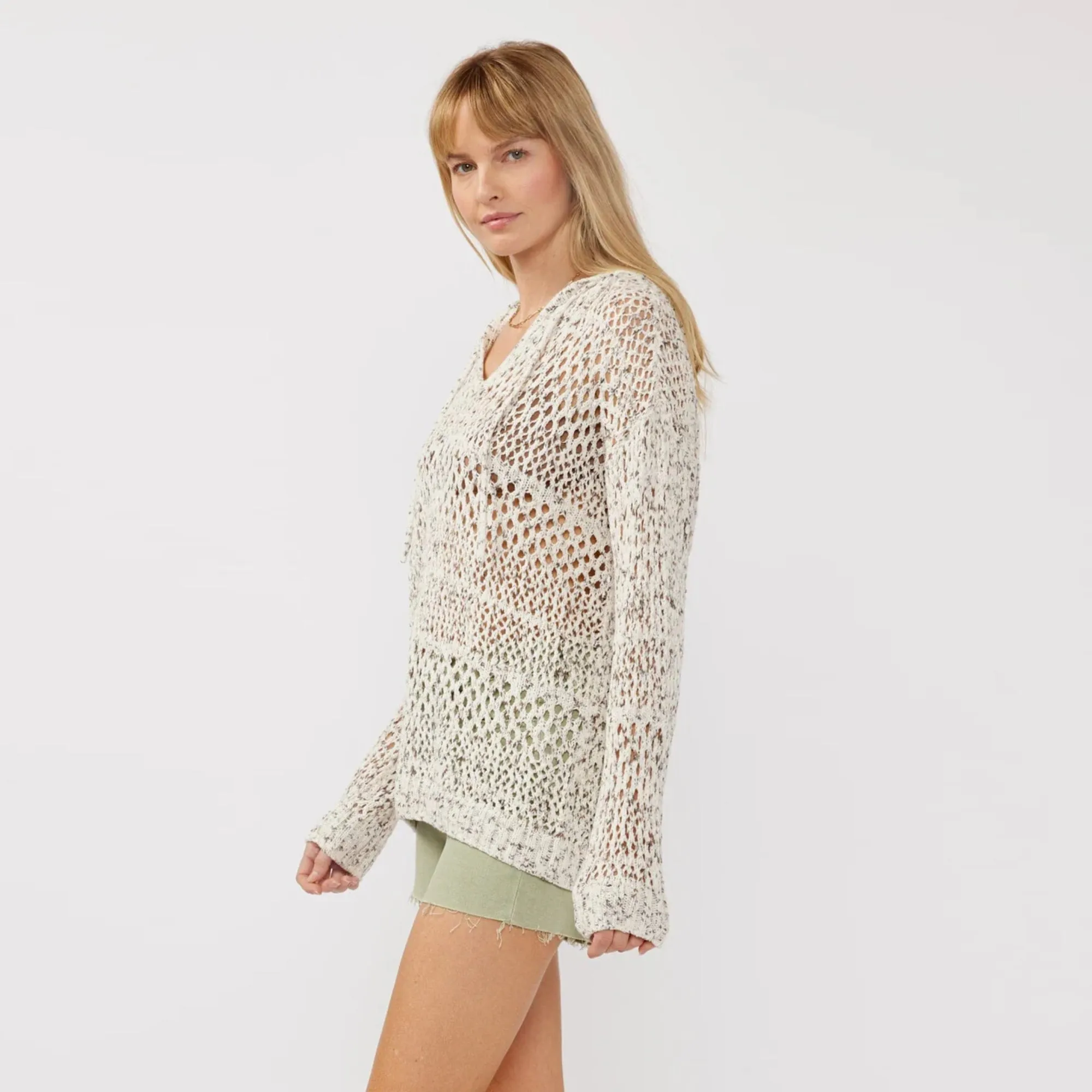 Ribbed Hem Detail Relaxed Layer Long Sleeve Open Knit Crochet Pullover Hoodie (Ivory   Taupe)