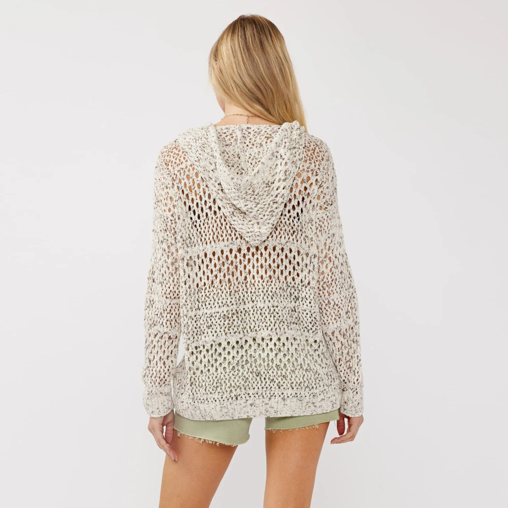 Long Sleeve Open Knit Crochet Pullover Hoodie (Ivory   Taupe) Tubular Knit Structure Minimalist Aesthetic