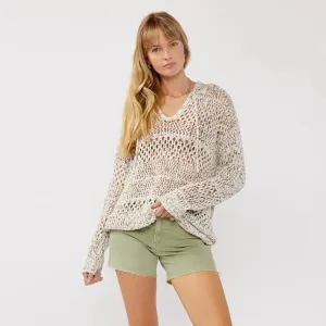 Casual Cool Antibacterial Finish Long Sleeve Open Knit Crochet Pullover Hoodie (Ivory   Taupe)