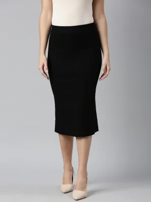 party look High Waist Women's Self Design Black Straight Midi Skirt