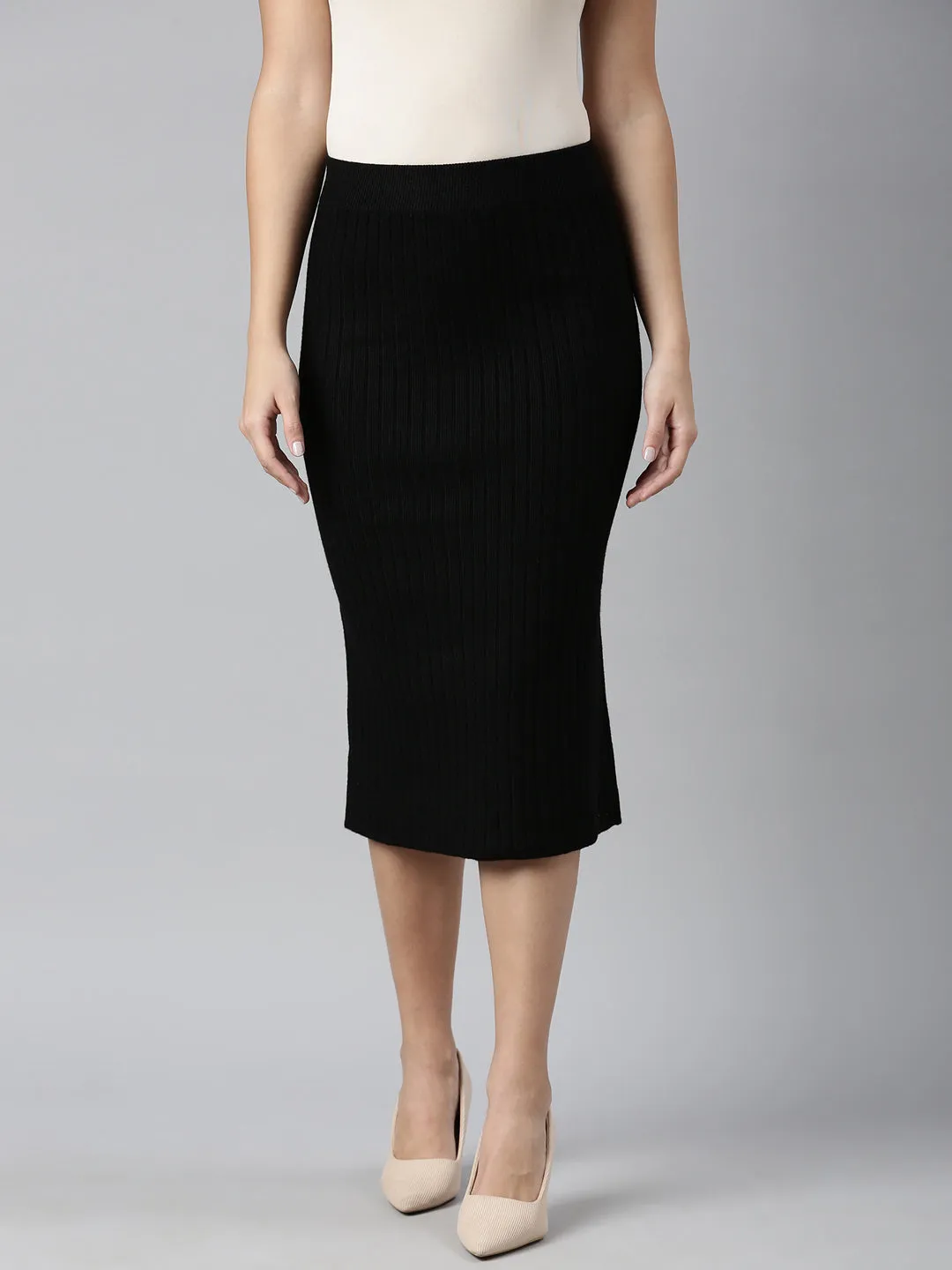 party look High Waist Women's Self Design Black Straight Midi Skirt