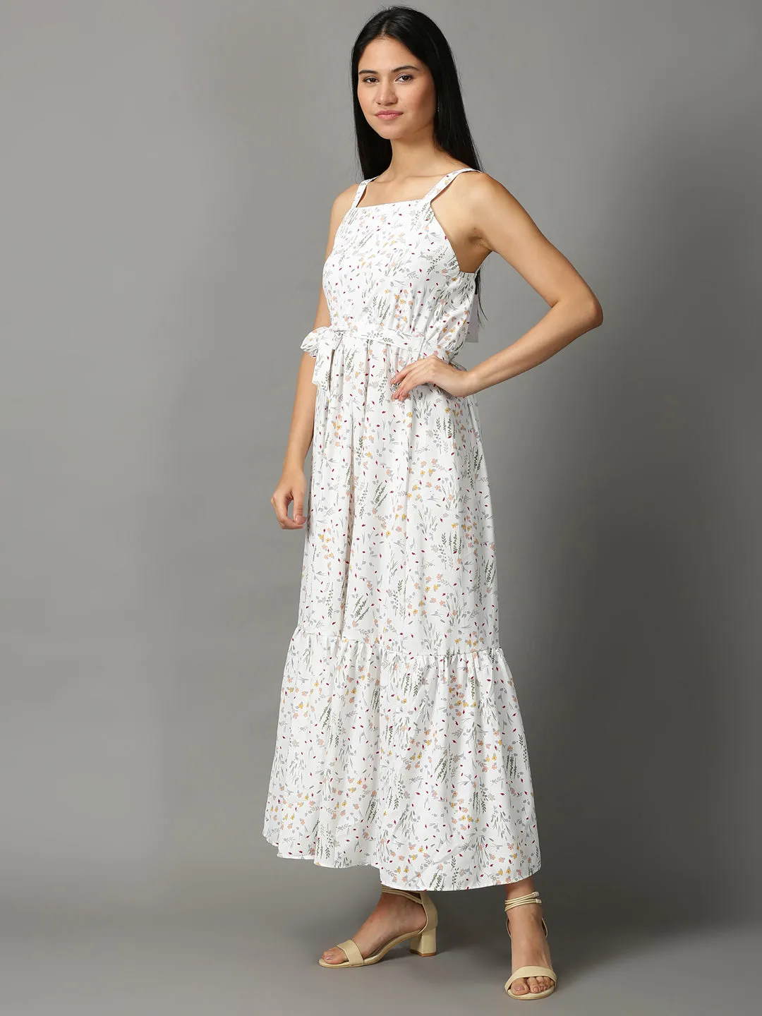 Street Vibe Women's White Floral Layered Chiffon Ethnic Maxi Dress