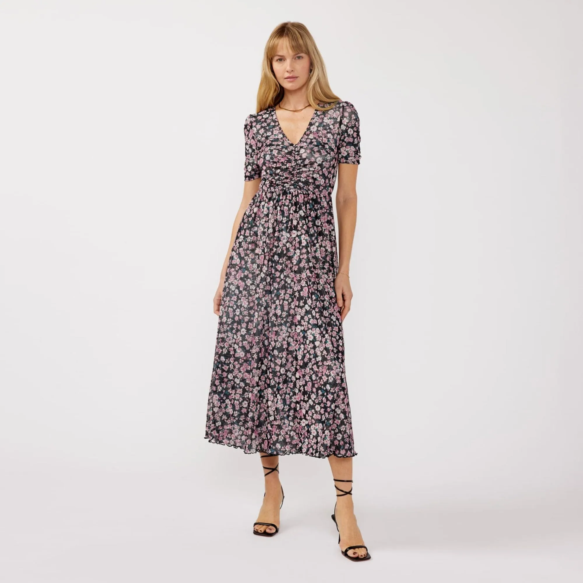 Reversible Floral Ruched Midi Dress (Black   Dusty Pink) Radiant Mood Everyday Look