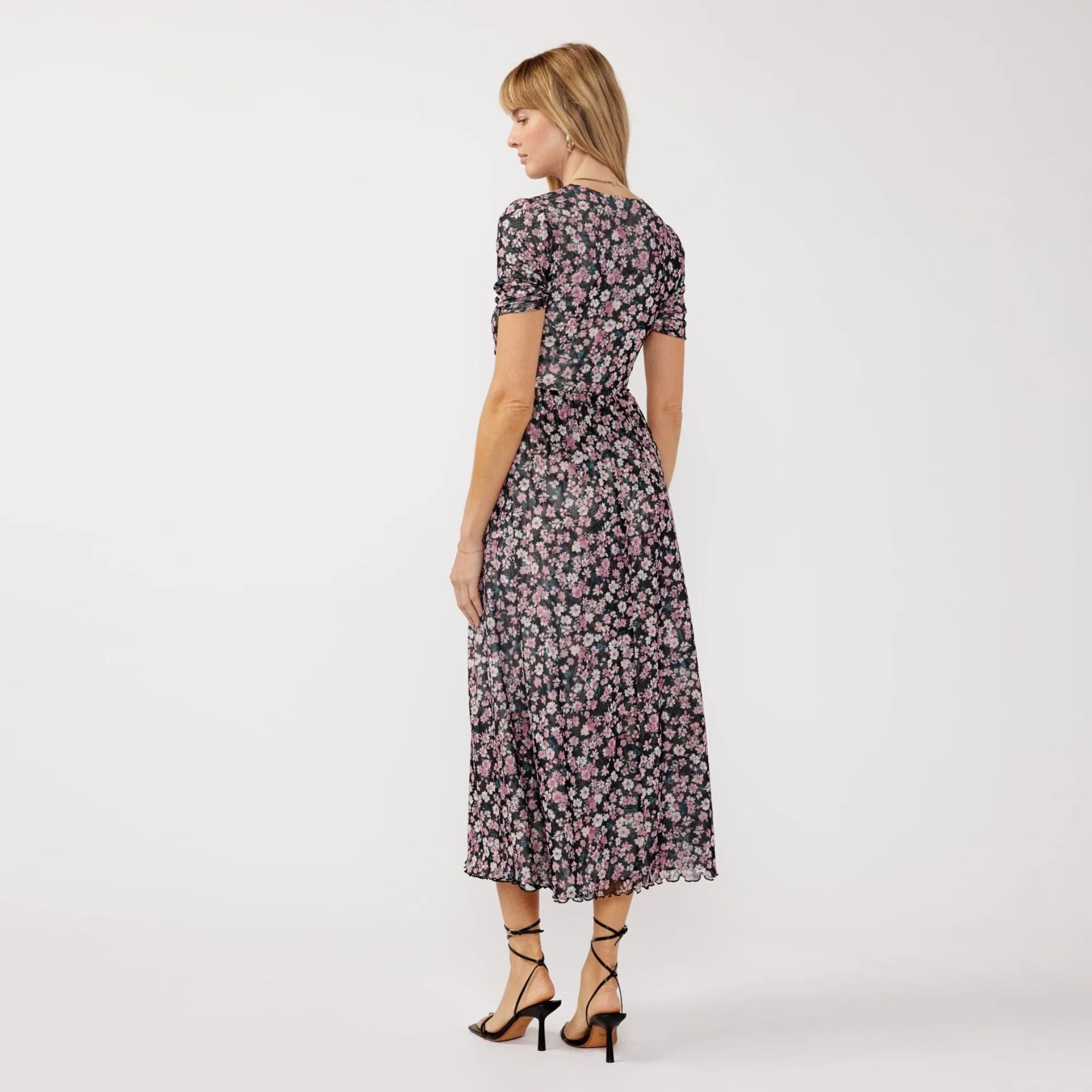 Reversible Floral Ruched Midi Dress (Black   Dusty Pink) Dropped-Waist Evening Look