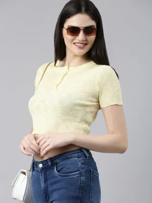 Women's Yellow Round Neck Woollen Crop Top Modern Style Trend