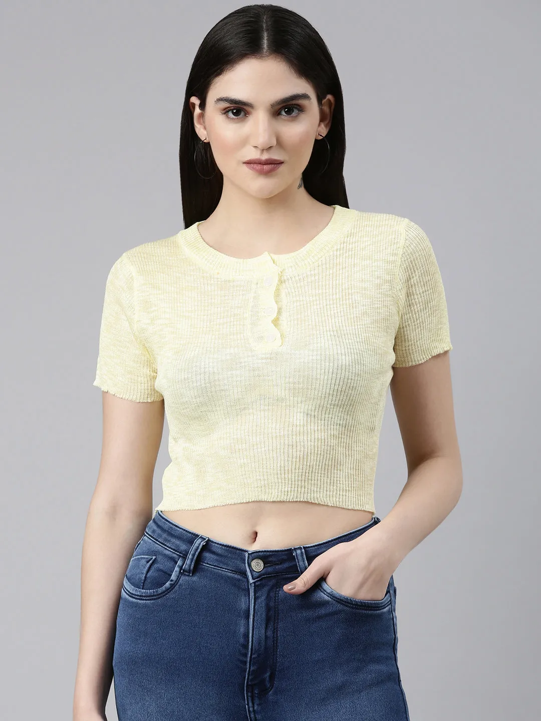 Women's Yellow Round Neck Woollen Crop Top Collared formality Slim Waistband