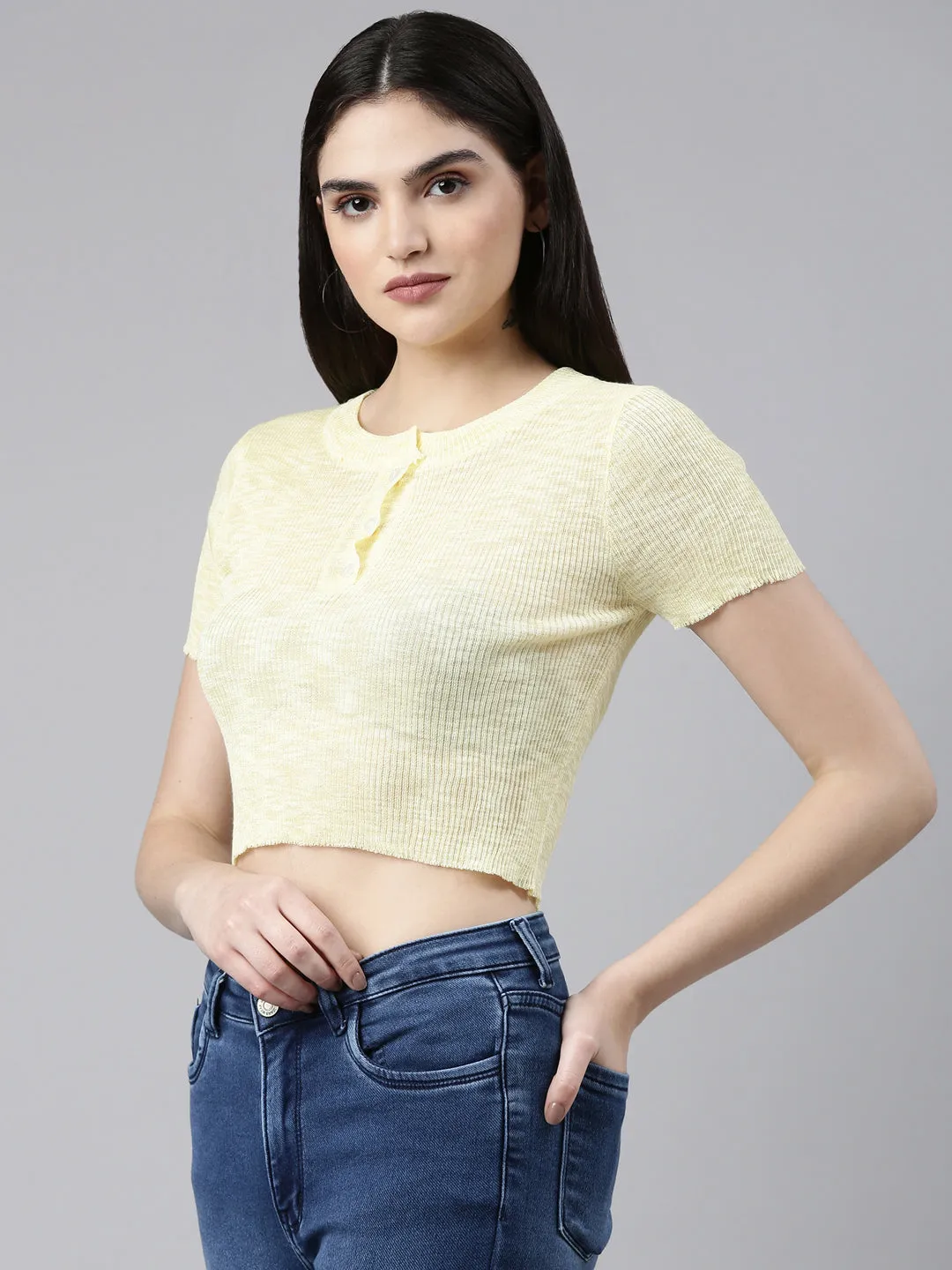 Casual Chic Look Temperature Regulating Women's Yellow Round Neck Woollen Crop Top