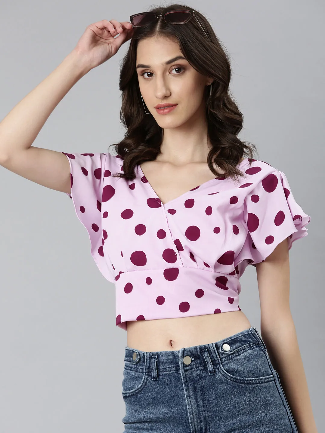 Classic Cut FadeResistant Women's Lavender Polka Dots Printed Styled Back Crop Top