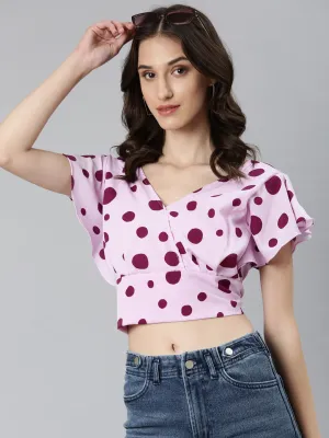 Classic Cut FadeResistant Women's Lavender Polka Dots Printed Styled Back Crop Top
