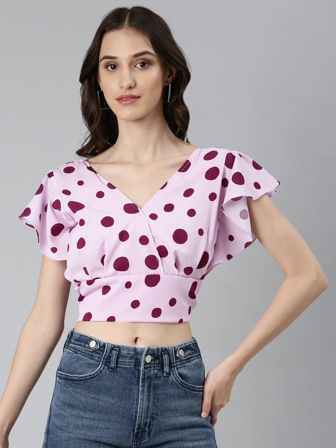 Women's Lavender Polka Dots Printed Styled Back Crop Top Reinforced Shoulder Stitching Chilly Wear