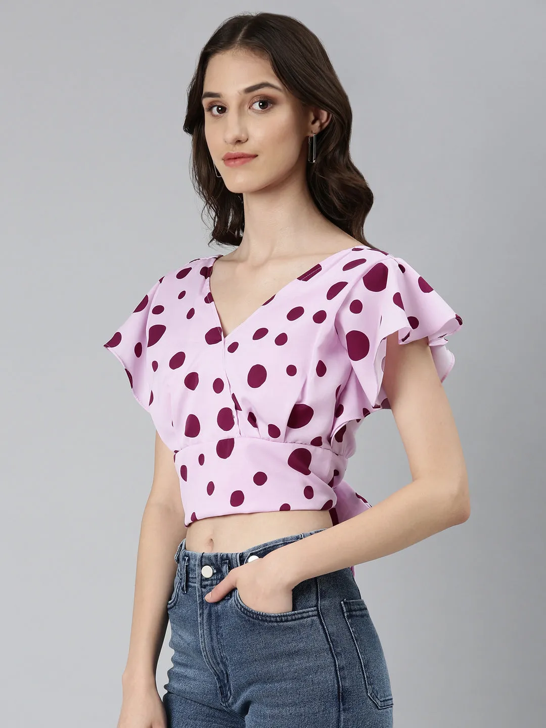 Women's Lavender Polka Dots Printed Styled Back Crop Top BioBased Fibers Essential Fashion
