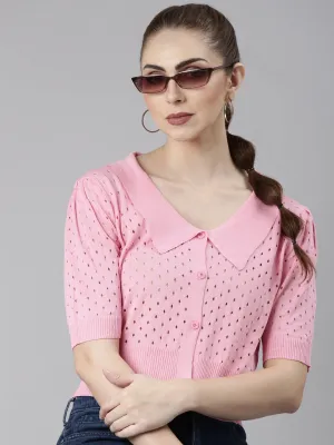 Versatile Performance Women's Pink Self Design Shirt Collar Crop Top