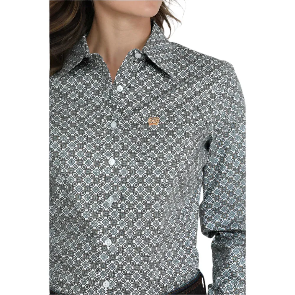 Active Design Cinch Women's L/S Medallion Print Western Button Down Shirt in White