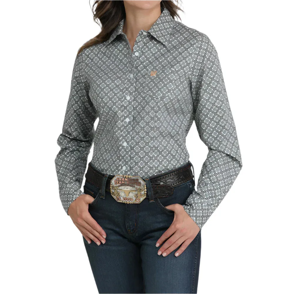 Cinch Women's L/S Medallion Print Western Button Down Shirt in White Non Fading Material Casual Performance Fit