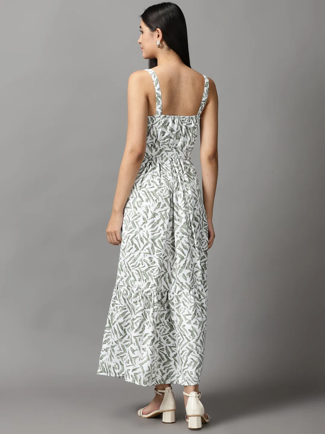 Women's White Polka Dots Sleeveless Fit and Flare Maxi Dress Drawstring-Closure Draped Silhouette