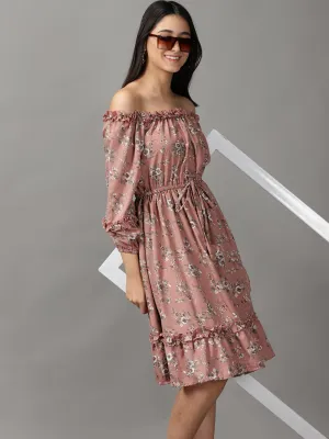 Women's Mauve Floral Off-Shoulder Fit & Flare Dress Stylish Look