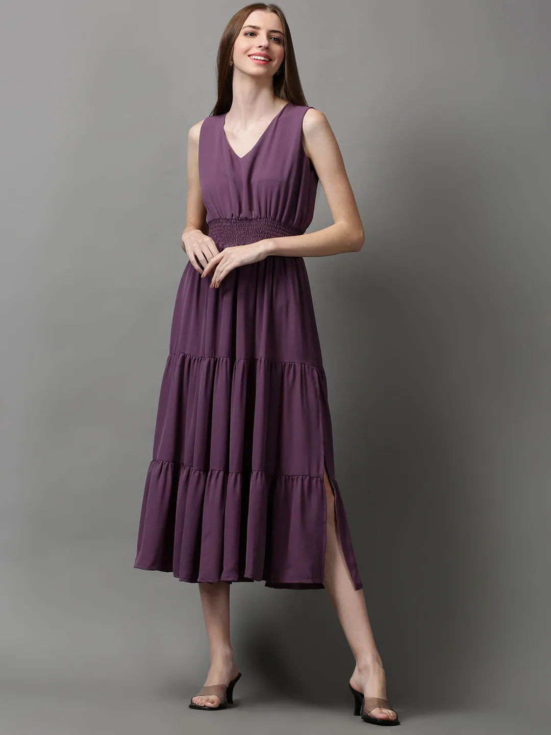 Playful Cut Women's Violet Solid V-Neck Tiered Midi Dress