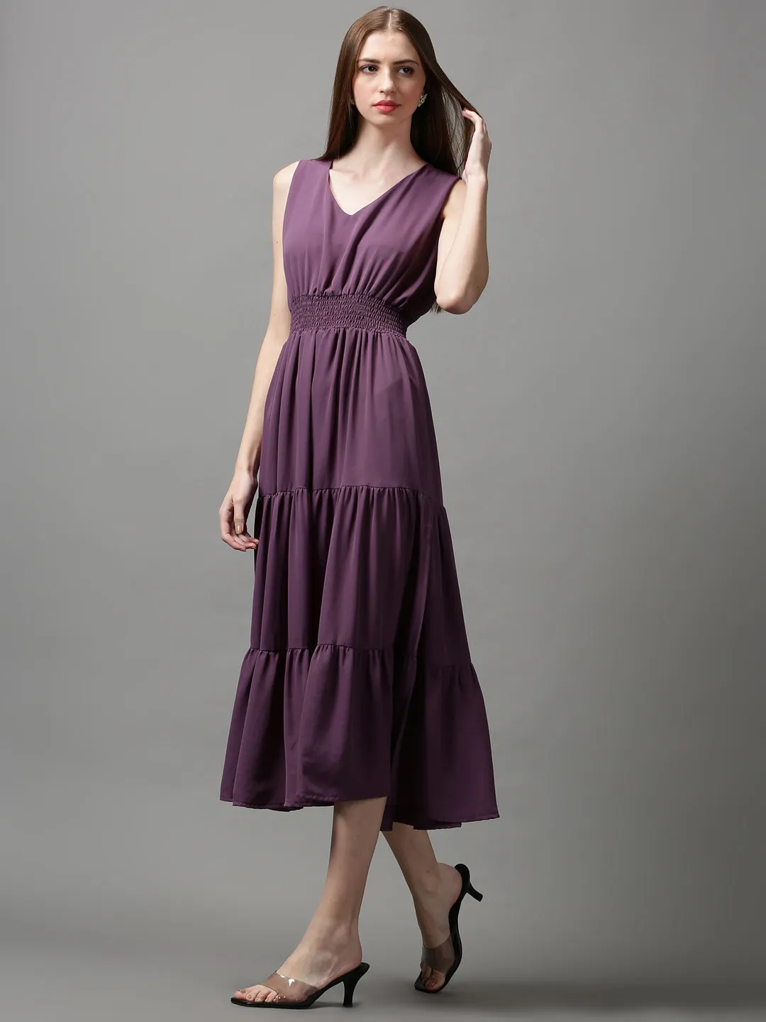 Luxe Fabric Elegant Flow Women's Violet Solid V-Neck Tiered Midi Dress