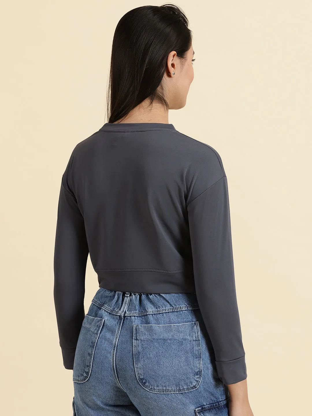 Women's Grey Typography Printed Crop Top Breathable touch