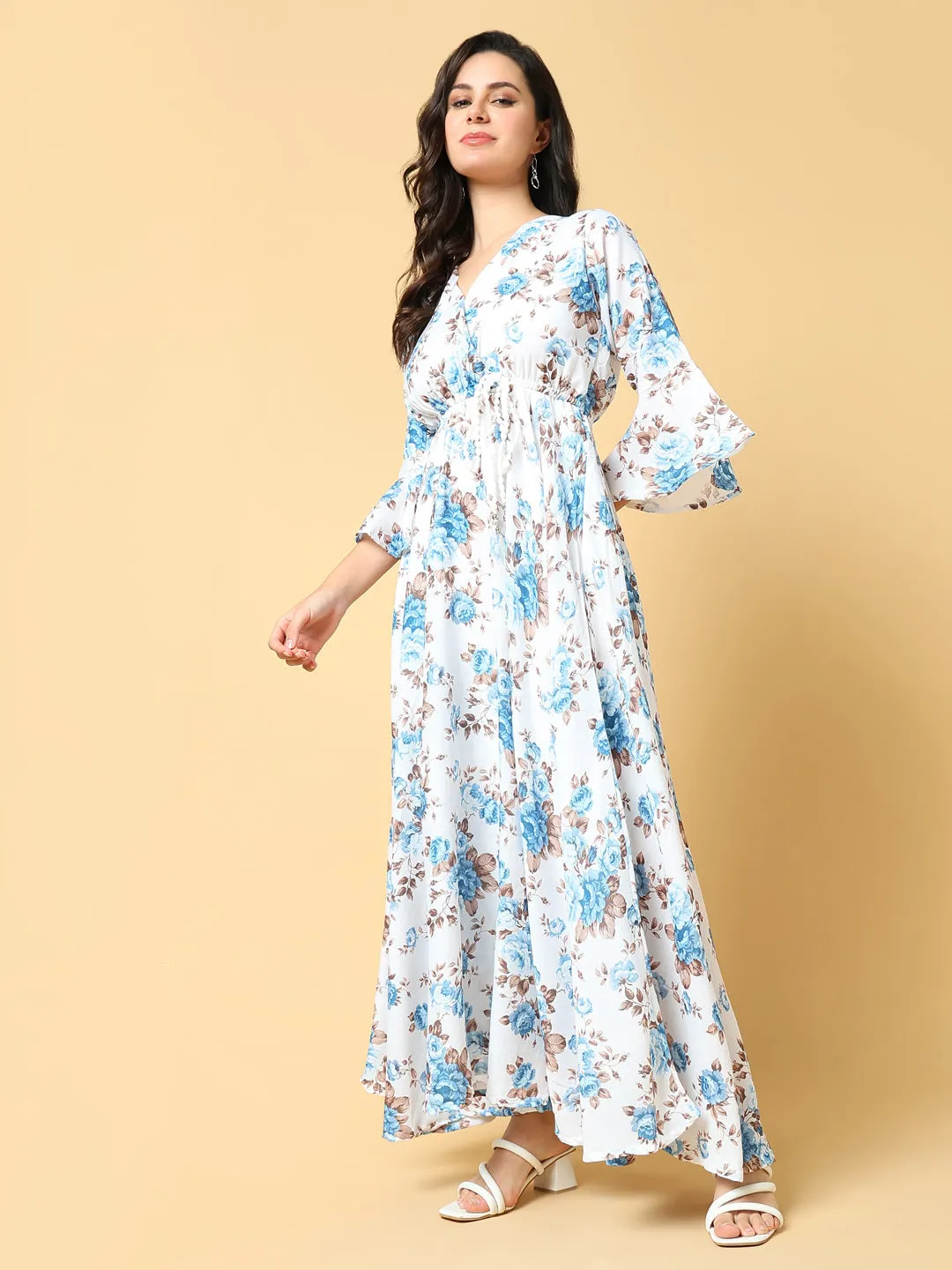 Women's Blue Floral Printed Bell Sleeve Cotton Fit & Flare Maxi Dress Vibe Style
