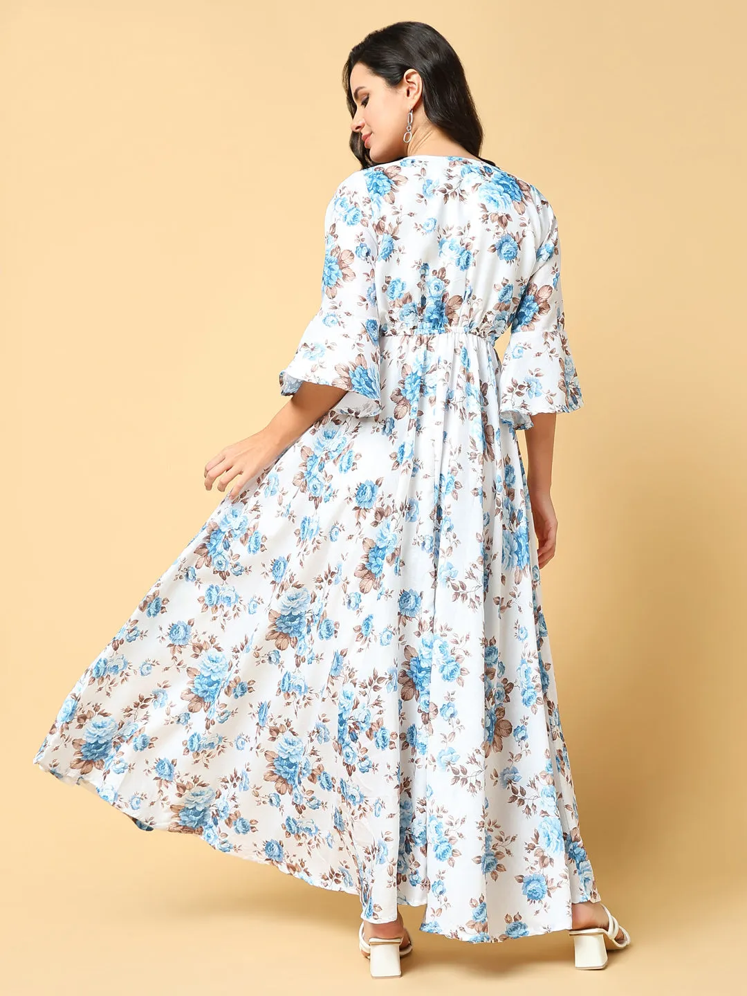 Women's Blue Floral Printed Bell Sleeve Cotton Fit & Flare Maxi Dress Summer Soft