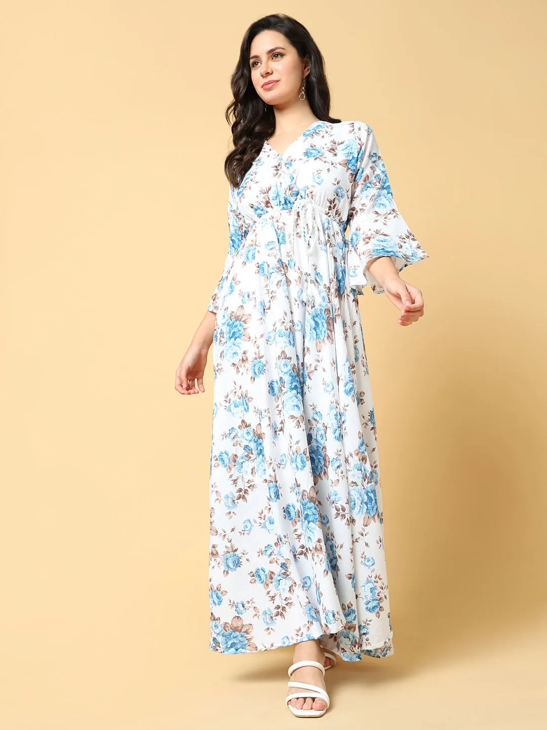 Women's Blue Floral Printed Bell Sleeve Cotton Fit & Flare Maxi Dress Chic Layering Warm Touch